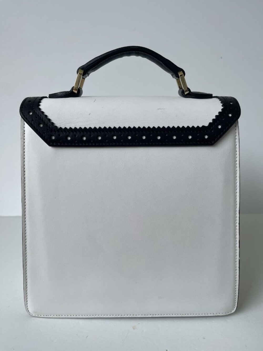 The Office of Angela Scott The Babe Black White Leather Top Handle Bag Italy - Picture 9 of 11